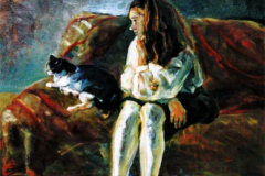 中島玲子　油彩画　「猫とナターシャ」